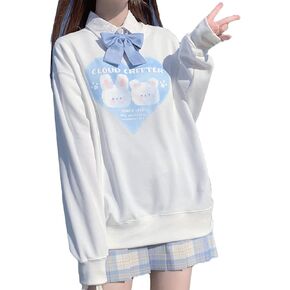 Kawaii Fashion Pastel Goth Crewneck Soft Long Sleeve Cute Cartoon Heart Print Cloud Critter Sweatshirt