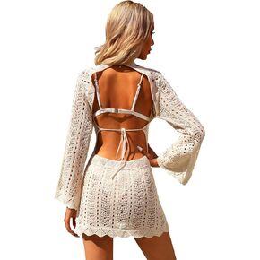 Women's Crochet Hollow Out Bathing Suit Cover Up Backless Bikini Cover Ups Beach Dresses