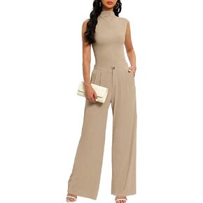 Women's Lounge Set Sleeveless Top Pajamas Wide Leg Pants Loungewear Outfits with Pockets AU7