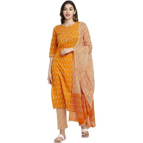 Rajnandini Indian Women's Orange Pure Cambric Cotton Embroidered Straight Kurta Set With Dupatta(JOPLVL224-P)…