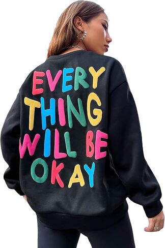 COZYEASE Women's Slogan Graphic Print Round Neck Long Sleeve Drop Shoulder Sweatshirt Casual Long Length Pullovers in Saudi Arabia