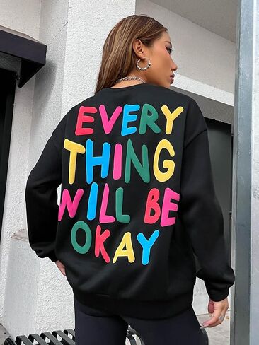 COZYEASE Women's Slogan Graphic Print Round Neck Long Sleeve Drop Shoulder Sweatshirt Casual Long Length Pullovers in Saudi Arabia