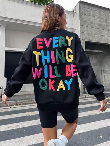 COZYEASE Women's Slogan Graphic Print Round Neck Long Sleeve Drop Shoulder Sweatshirt Casual Long Length Pullovers in Saudi Arabia