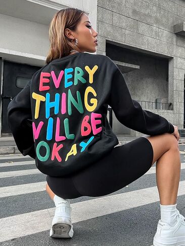 COZYEASE Women's Slogan Graphic Print Round Neck Long Sleeve Drop Shoulder Sweatshirt Casual Long Length Pullovers in Saudi Arabia