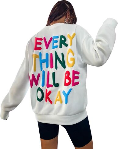 COZYEASE Women's Slogan Graphic Print Round Neck Long Sleeve Drop Shoulder Sweatshirt Casual Long Length Pullovers in Saudi Arabia
