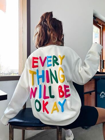 COZYEASE Women's Slogan Graphic Print Round Neck Long Sleeve Drop Shoulder Sweatshirt Casual Long Length Pullovers in Saudi Arabia