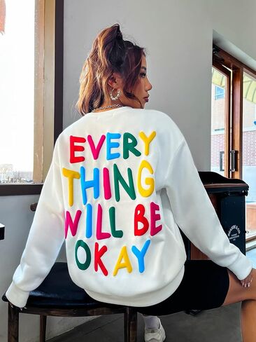 COZYEASE Women's Slogan Graphic Print Round Neck Long Sleeve Drop Shoulder Sweatshirt Casual Long Length Pullovers in Saudi Arabia