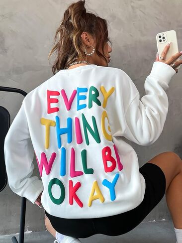 COZYEASE Women's Slogan Graphic Print Round Neck Long Sleeve Drop Shoulder Sweatshirt Casual Long Length Pullovers in Saudi Arabia