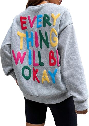 COZYEASE Women's Slogan Graphic Print Round Neck Long Sleeve Drop Shoulder Sweatshirt Casual Long Length Pullovers in Saudi Arabia