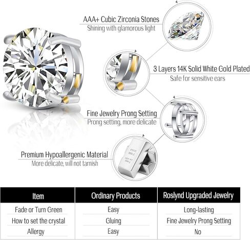 أقراط من روزليند للنساء، أقراط نسائية مرصعة بحجر الزركون المكعبة لا تسبب الحساسية وطلاء الذهب الأبيض in Kuwait