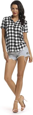 OCHENTA Women's Short Sleeve Plaid Button Down Shirt Button up Blouses Casual Summer Tops in Saudi Arabia
