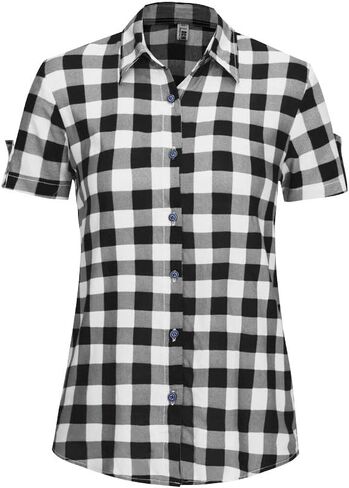 OCHENTA Women's Short Sleeve Plaid Button Down Shirt Button up Blouses Casual Summer Tops in Saudi Arabia