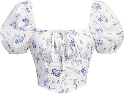 Verdusa Women's Floral Print Short Puff Sleeve Bow Front Asymmetrical Hem Crop Blouse Top in Saudi Arabia