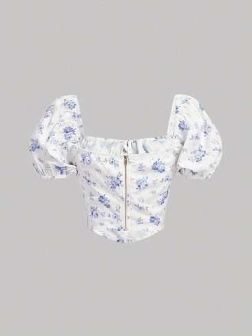Verdusa Women's Floral Print Short Puff Sleeve Bow Front Asymmetrical Hem Crop Blouse Top in Saudi Arabia