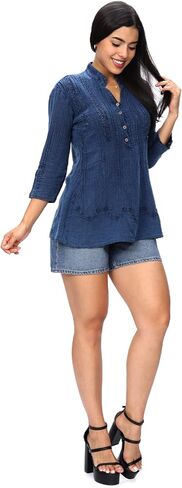 Women’s 100% Peruvian Soft Cotton Pintucked Lace Embroidered ¾ Sleeve Casual Loose Tunic Tops T Shirt Blouse in Saudi Arabia