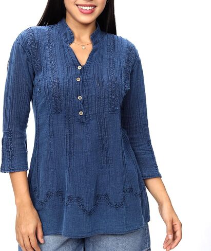 Women’s 100% Peruvian Soft Cotton Pintucked Lace Embroidered ¾ Sleeve Casual Loose Tunic Tops T Shirt Blouse in Saudi Arabia