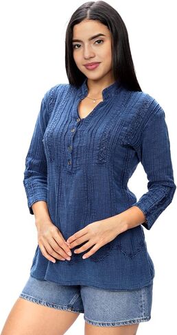 Women’s 100% Peruvian Soft Cotton Pintucked Lace Embroidered ¾ Sleeve Casual Loose Tunic Tops T Shirt Blouse in Saudi Arabia
