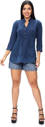 Women’s 100% Peruvian Soft Cotton Pintucked Lace Embroidered ¾ Sleeve Casual Loose Tunic Tops T Shirt Blouse in Saudi Arabia
