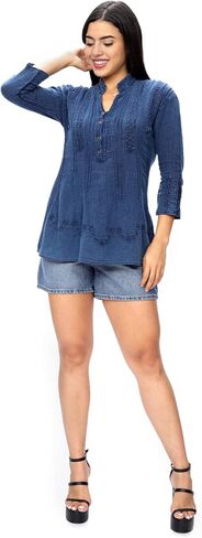 Women’s 100% Peruvian Soft Cotton Pintucked Lace Embroidered ¾ Sleeve Casual Loose Tunic Tops T Shirt Blouse in Saudi Arabia