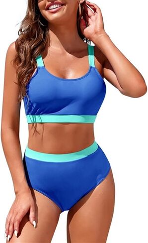مجموعات بيكيني للنساء ملابس السباحة الرياضية عالية الخصر رقبة سكوب اللون كتلة المحاصيل الأعلى قطع عالية صفيق ثوب السباحة in Kuwait