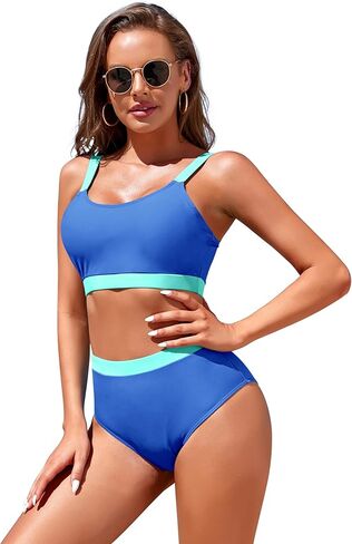 مجموعات بيكيني للنساء ملابس السباحة الرياضية عالية الخصر رقبة سكوب اللون كتلة المحاصيل الأعلى قطع عالية صفيق ثوب السباحة in Kuwait