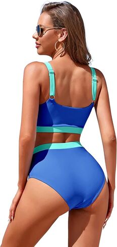 مجموعات بيكيني للنساء ملابس السباحة الرياضية عالية الخصر رقبة سكوب اللون كتلة المحاصيل الأعلى قطع عالية صفيق ثوب السباحة in Kuwait