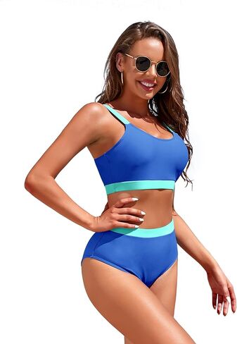 مجموعات بيكيني للنساء ملابس السباحة الرياضية عالية الخصر رقبة سكوب اللون كتلة المحاصيل الأعلى قطع عالية صفيق ثوب السباحة in Kuwait