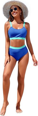 مجموعات بيكيني للنساء ملابس السباحة الرياضية عالية الخصر رقبة سكوب اللون كتلة المحاصيل الأعلى قطع عالية صفيق ثوب السباحة in Kuwait