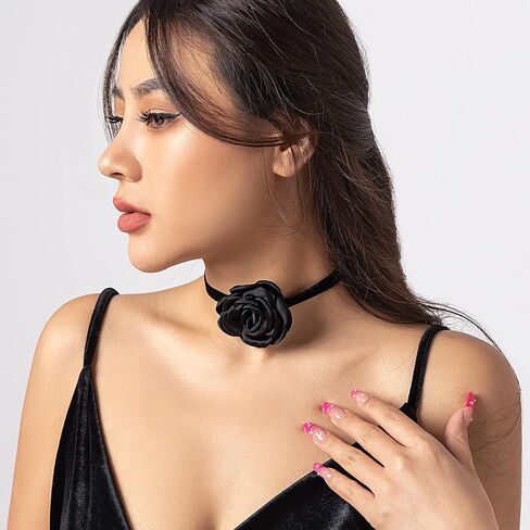 Vintage Handmade Flower Choker Necklace Long Rope Wrap Necklace Elegant Satin Flower Tie Necklace Party Prom Accessory for Women and Girls (Black) in Saudi Arabia
