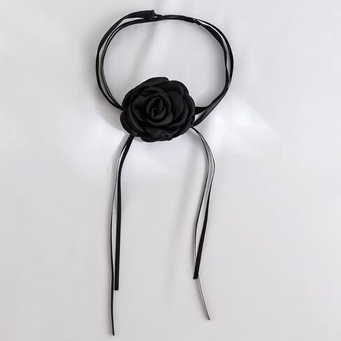 Vintage Handmade Flower Choker Necklace Long Rope Wrap Necklace Elegant Satin Flower Tie Necklace Party Prom Accessory for Women and Girls (Black) in Saudi Arabia