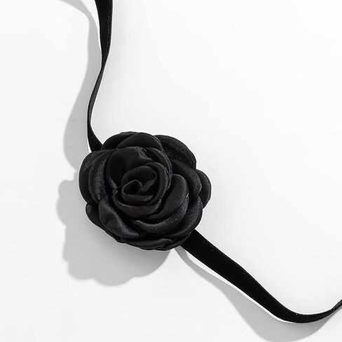Vintage Handmade Flower Choker Necklace Long Rope Wrap Necklace Elegant Satin Flower Tie Necklace Party Prom Accessory for Women and Girls (Black) in Saudi Arabia