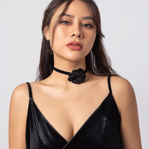 Vintage Handmade Flower Choker Necklace Long Rope Wrap Necklace Elegant Satin Flower Tie Necklace Party Prom Accessory for Women and Girls (Black) in Saudi Arabia