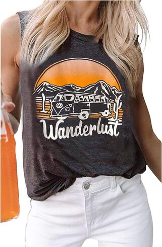 تي شيرت Wanderlust للسيدات مطبوع عليه حروف تي شيرت صيفي كاجوال بدون أكمام تي شيرت عتيق للعطلات in Kuwait