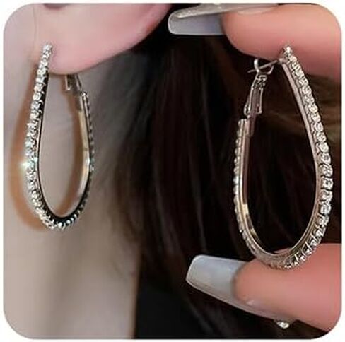 Lightweight Teardrop Hoop Earrings for Women Shiny Rhinestone Teardrop Oval Hoop Dangle Earrings Large Oval Pull Through Hoop Earrings Statement Chunky Huggie Hoop Jewelry for Girls in Kuwait