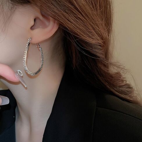 Lightweight Teardrop Hoop Earrings for Women Shiny Rhinestone Teardrop Oval Hoop Dangle Earrings Large Oval Pull Through Hoop Earrings Statement Chunky Huggie Hoop Jewelry for Girls in Kuwait