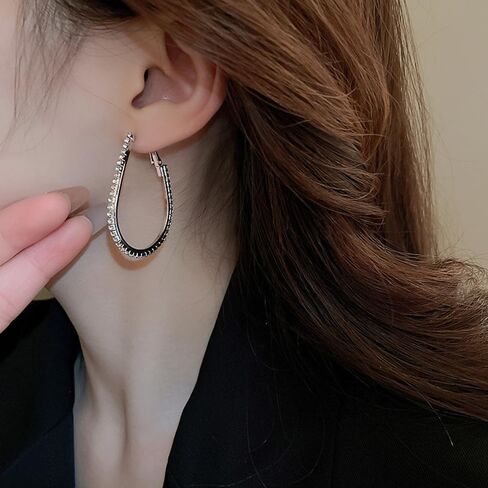 Lightweight Teardrop Hoop Earrings for Women Shiny Rhinestone Teardrop Oval Hoop Dangle Earrings Large Oval Pull Through Hoop Earrings Statement Chunky Huggie Hoop Jewelry for Girls in Kuwait