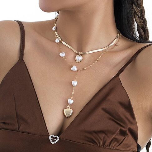 رومتاك بيرل منتفخ القلب مطرز قلادة الذهب ثعبان العظام سلسلة قلادة مجوهرات Y مسبحة للنساء الفتيات الشرير ملهى الليلي حزب مجوهرات in Kuwait