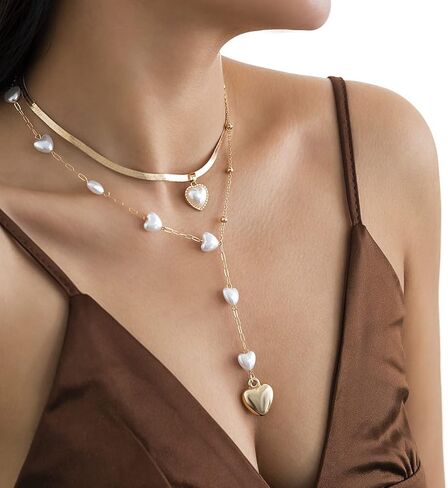 رومتاك بيرل منتفخ القلب مطرز قلادة الذهب ثعبان العظام سلسلة قلادة مجوهرات Y مسبحة للنساء الفتيات الشرير ملهى الليلي حزب مجوهرات in Kuwait