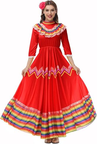 Jelysun Women's Mexican Dress Cinco De Mayo Costumes Day of The Dead Dress for Women Traditional Lace Flower Senorita Dress in Saudi Arabia