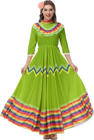 Jelysun Women's Mexican Dress Cinco De Mayo Costumes Day of The Dead Dress for Women Traditional Lace Flower Senorita Dress in Saudi Arabia