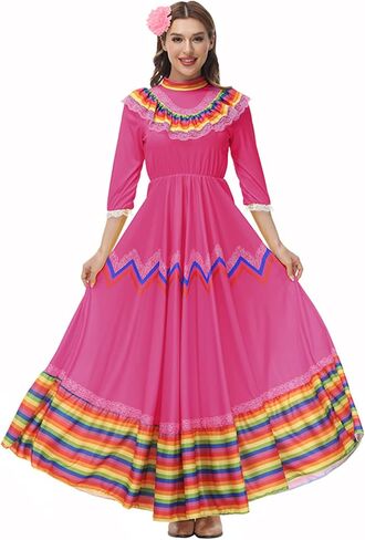 Jelysun Women's Mexican Dress Cinco De Mayo Costumes Day of The Dead Dress for Women Traditional Lace Flower Senorita Dress in Saudi Arabia