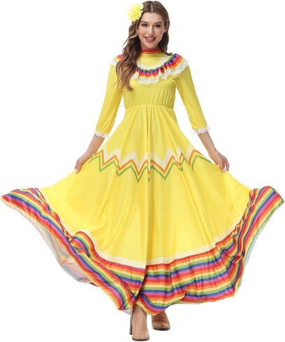Jelysun Women's Mexican Dress Cinco De Mayo Costumes Day of The Dead Dress for Women Traditional Lace Flower Senorita Dress in Saudi Arabia
