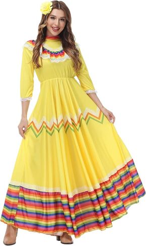 Jelysun Women's Mexican Dress Cinco De Mayo Costumes Day of The Dead Dress for Women Traditional Lace Flower Senorita Dress in Saudi Arabia