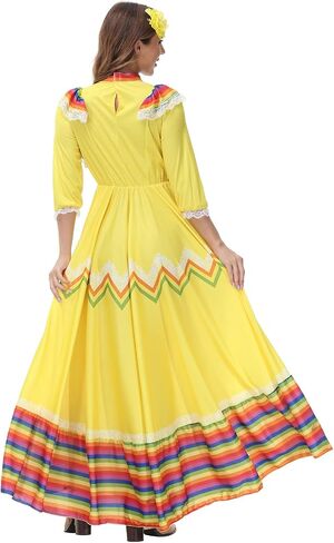 Jelysun Women's Mexican Dress Cinco De Mayo Costumes Day of The Dead Dress for Women Traditional Lace Flower Senorita Dress in Saudi Arabia