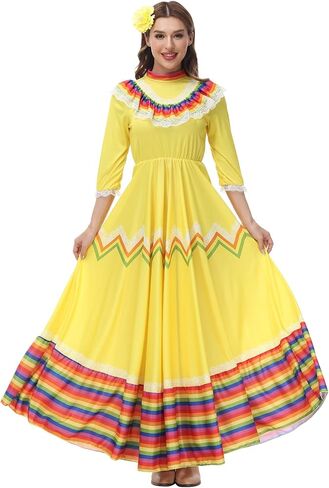 Jelysun Women's Mexican Dress Cinco De Mayo Costumes Day of The Dead Dress for Women Traditional Lace Flower Senorita Dress in Saudi Arabia