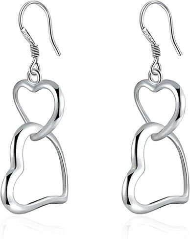 WUWEIJIAJIA أنيقة أنيقة طويلة فضية مجوفة مزدوجة الحب القلب استرخى إسقاط أقراط للنساء الفتيات صديق شيك سحر مجوهرات هدايا عيد ميلاد in Kuwait