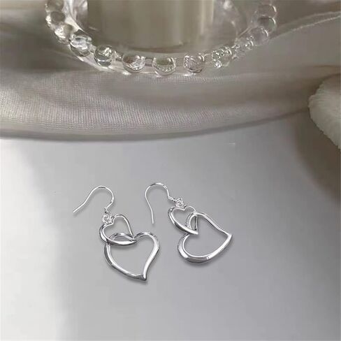 WUWEIJIAJIA أنيقة أنيقة طويلة فضية مجوفة مزدوجة الحب القلب استرخى إسقاط أقراط للنساء الفتيات صديق شيك سحر مجوهرات هدايا عيد ميلاد in Kuwait