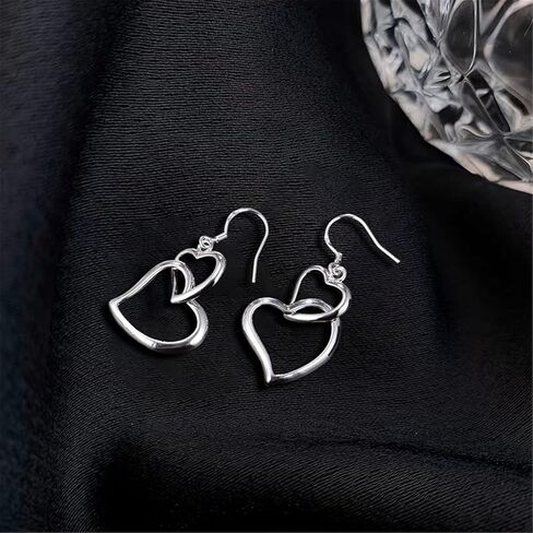 WUWEIJIAJIA أنيقة أنيقة طويلة فضية مجوفة مزدوجة الحب القلب استرخى إسقاط أقراط للنساء الفتيات صديق شيك سحر مجوهرات هدايا عيد ميلاد in Kuwait