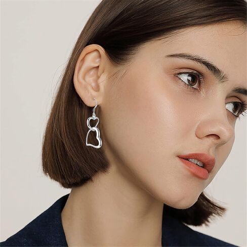 WUWEIJIAJIA أنيقة أنيقة طويلة فضية مجوفة مزدوجة الحب القلب استرخى إسقاط أقراط للنساء الفتيات صديق شيك سحر مجوهرات هدايا عيد ميلاد in Kuwait