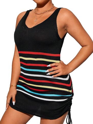 Verdusa Women's Striped Drawstring Side Scoop Neck Knit Beach Dress Cover Ups in Saudi Arabia
